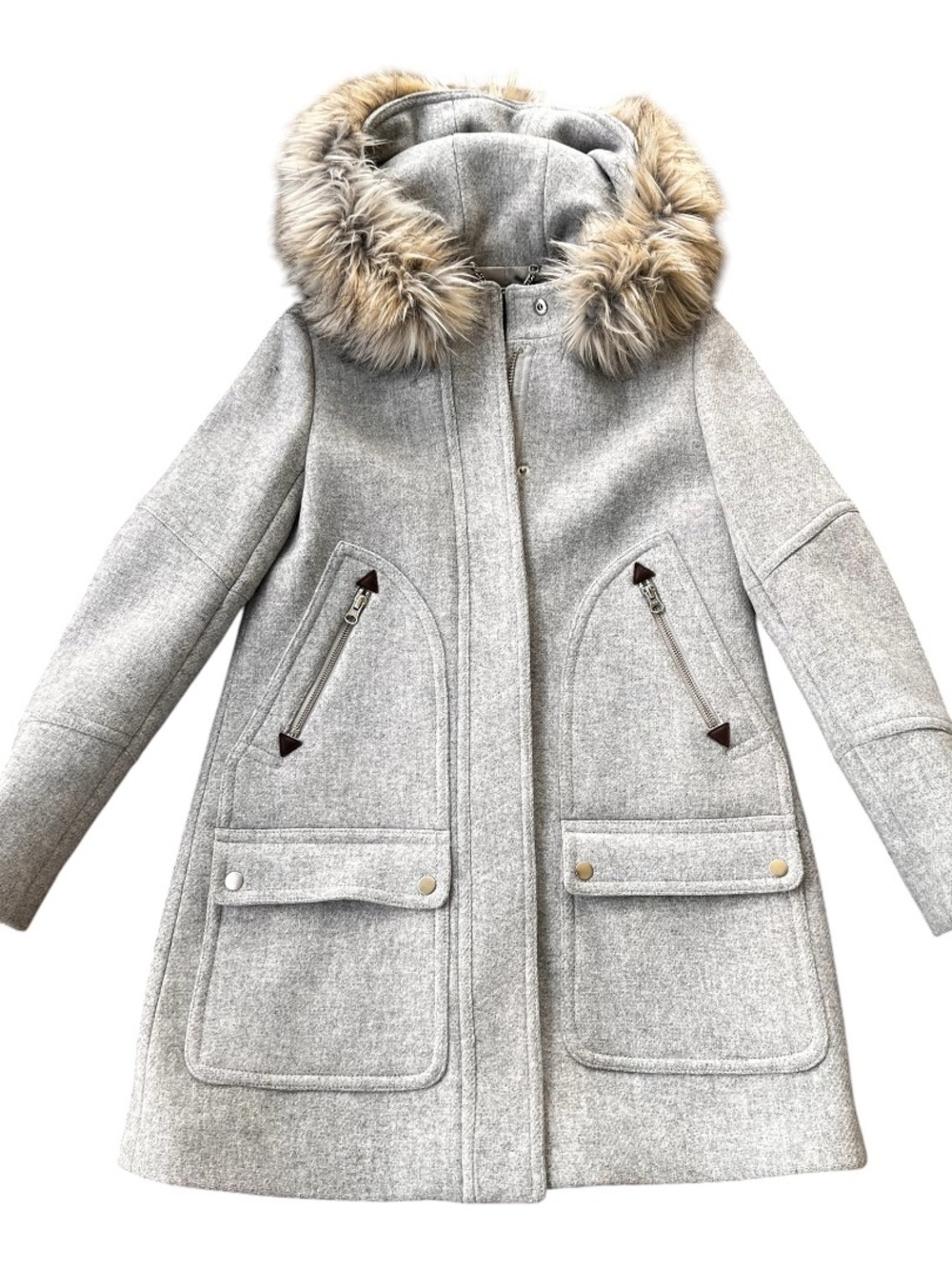 J. Crew Chateau Parka Stadium Cloth Nello Gori Wool Coat Gray Fur Trim Hood